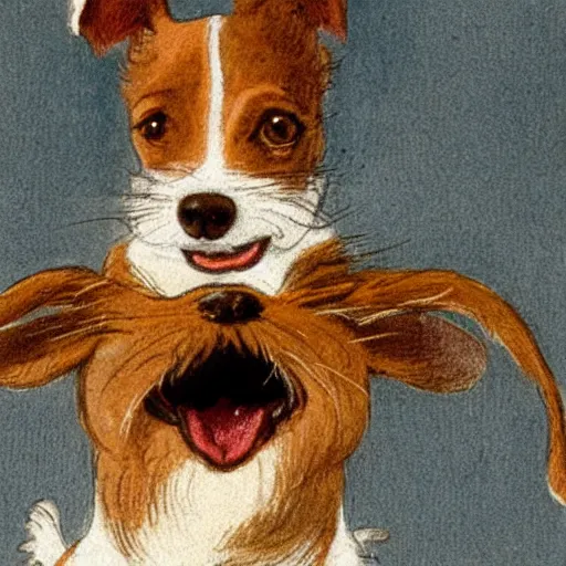 Image similar to closeup portrait of a happy jack russel terrier jumping, illustrated by peggy fortnum and beatrix potter and sir john tenniel