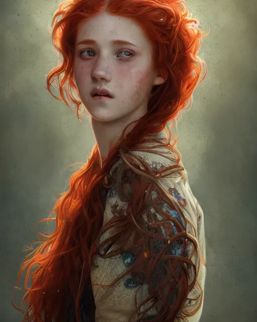 Prompt: portrait of 1 4 - year - old girl with flaming red hair, a lot of freckles, and bright brown eyes, wearing shirt, hyper realistic face, beautiful eyes, fantasy art, in the style of greg rutkowski, intricate, alphonse mucha, hyper detailed, smooth