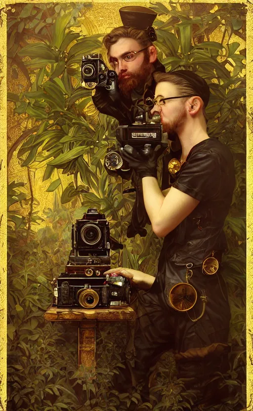 Image similar to hyper realistic male photographer looking through a vintage steampunk medium format camera, design on white background, beautiful details, lush foliage cyberpunk, gold, drawn by john singer sargent, tom bagshaw, norman rockwell, alphonso mucha, lolish, trending on artstation