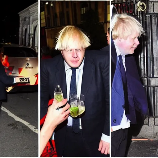 Prompt: boris Johnson all night party, hyper realistic, paparazzi photo, booze, drugs, party, late night,