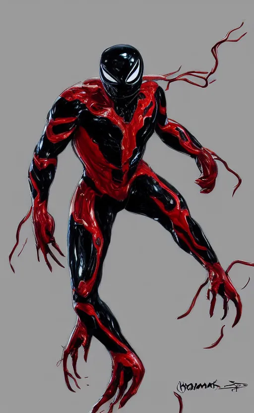 Prompt: venom in a venom inspired ironman suit, black and red, dynamic lighting, photorealistic fantasy concept art, trending on art station, stunning visuals, terrifying, creative, cinematic