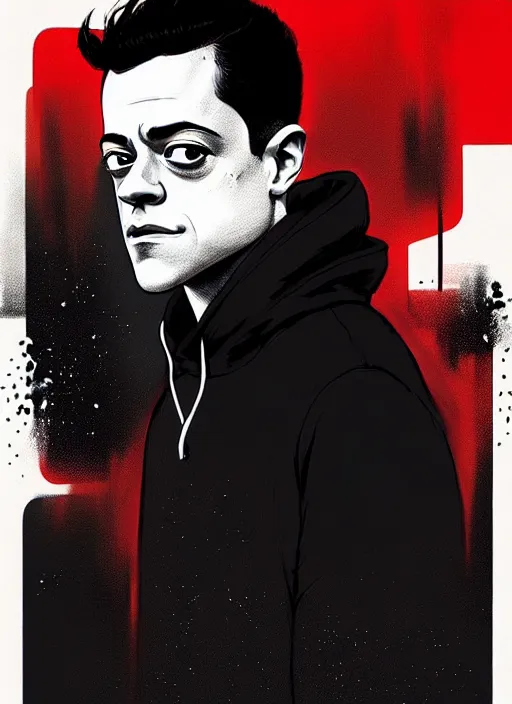 Image similar to highly detailed closeup portrait of rami malek, elliot alderson, black hoody by atey ghailan, by greg rutkowski, by greg tocchini, by james gilleard, by joe fenton, by kaethe butcher, gradient red, black and white color scheme, grunge aesthetic!!! ( ( graffiti tag wall background ) )