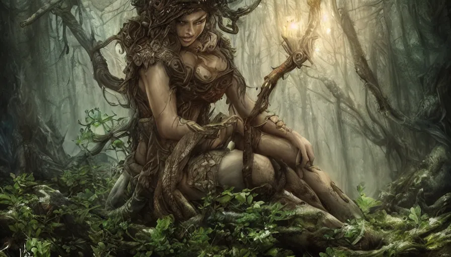 Image similar to high definition charcoal watercolor fantasy character art, hyper realistic, hyperrealism, luminous water elemental, snake skin armor forest dryad, woody foliage, 8 k dop dof hdr fantasy character art, by aleski briclot and alexander'hollllow'fedosav and laura zalenga