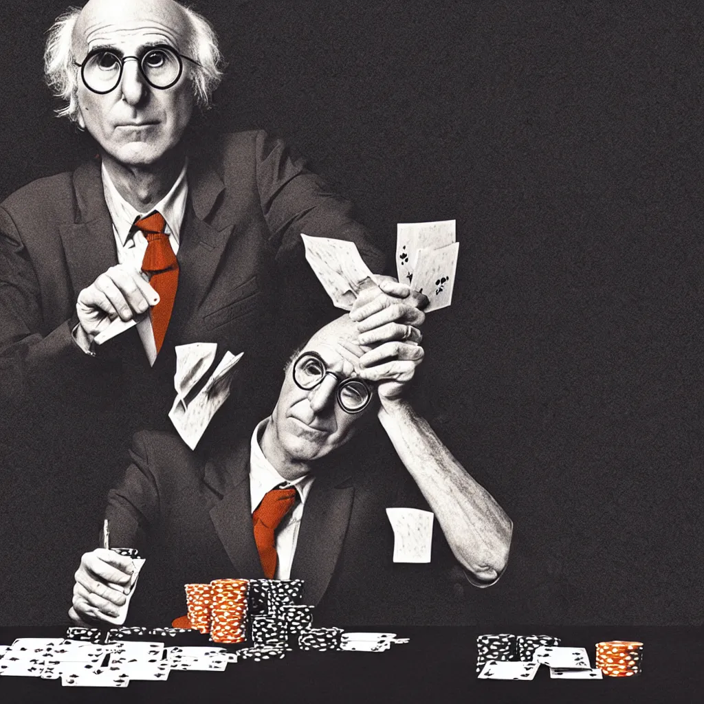 Prompt: larry david playing poker, Mads Berg, Karolis Strautniekas, James Yang, Brutalism, Constructivist, film noir, stippled light, dramatic lighting,editorial illustration, detailed, matte print, dark orange black white red, a lone man