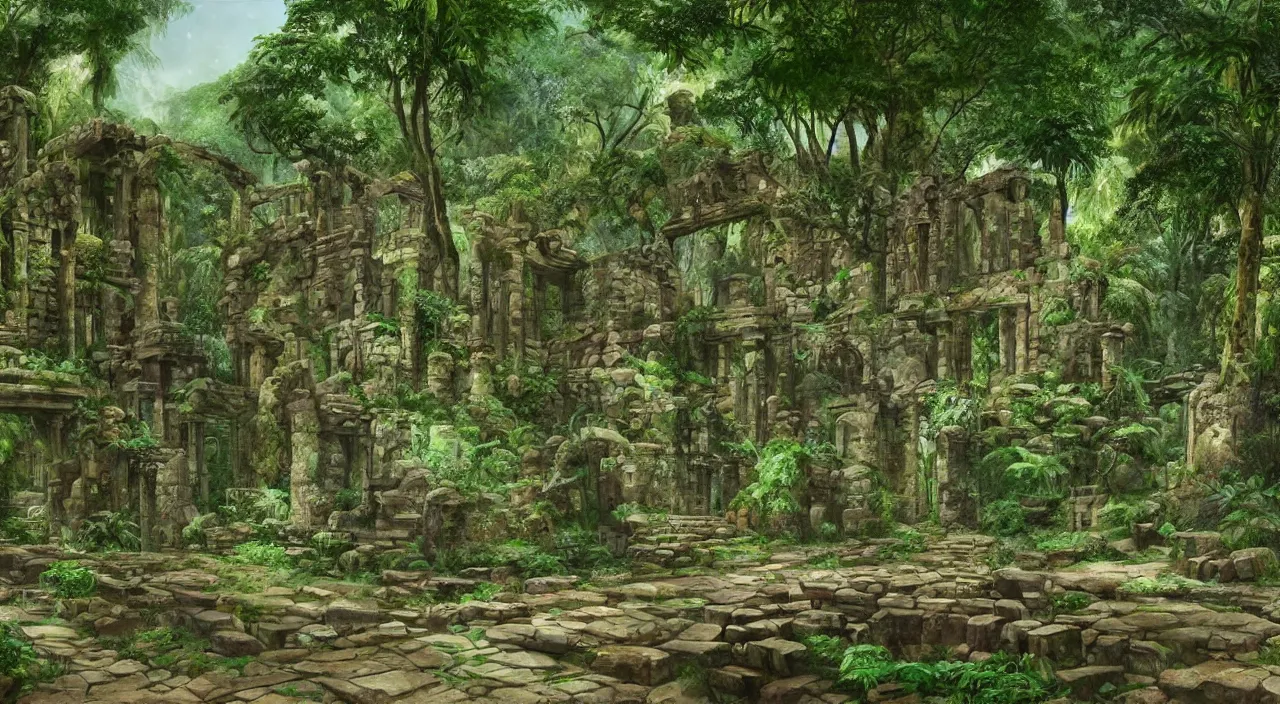 Image similar to ancient stone temple ruins at the end of a pathway next to a river in an overgrown rainforest, by roger dean, by syd mead, robert hubert, laurie lipton, detailed, realistic shadows, rendered in lumion, matte painting