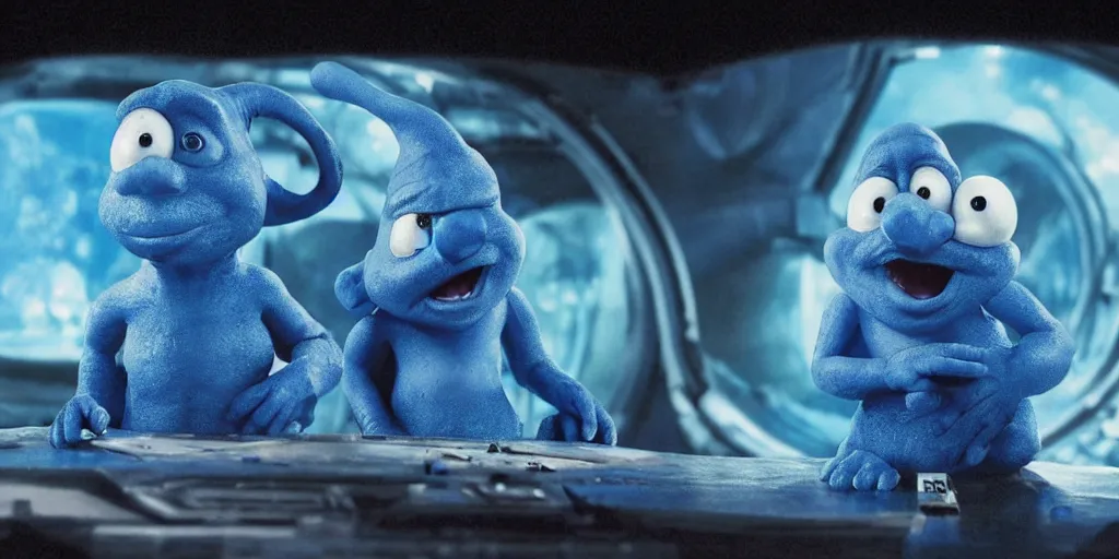 Image similar to a 3 d rendered movie still a smurf descendant 1 million years in the future. the smurf is sentient, wears a spacesuit, and explores cosmos in a super awesome space ship. science fiction blockbuster smurfs rule the world or my stepmom is a smurf from the future, imax 7 0 mm. silent running, fifth element.