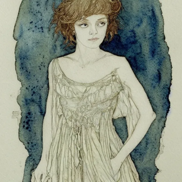 Image similar to a detailed, intricate watercolor and ink portrait illustration with fine lines of young 1 4 year old scarlett johannson in a dress, by arthur rackham and edmund dulac