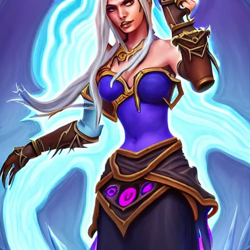 Image similar to Full body illustration of a sorceress, Hearthstone official trending art, exagerated accurate details, trending on MasterpieceStation in category 'Perfect identical eyes'