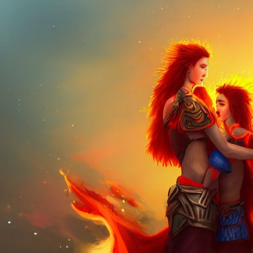 Prompt: flaming warrior queen giving someone a hug, wholesome and caring, happy, digital art, artstation, concept art, 4 k, 8 k