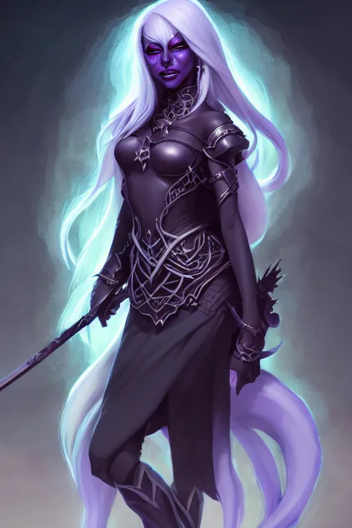 Image similar to Character concept portrait art of a female Drow necromancer, scythe, pretty face, long dark hair, by Stanley Artgerm Lau, WLOP, Rossdraws, James Jean, Andrei Riabovitchev, Marc Simonetti, and Sakimichan, tranding on artstation