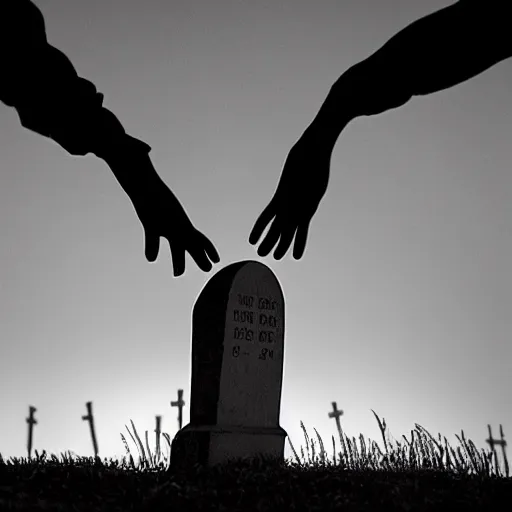 Prompt: hand rising from the ground in a cemetery, tombstones, moonlight, eerie, chiaroscurro