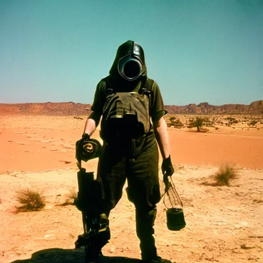 Image similar to a man wearing a gasmask, heavily equipped, in the desert, film still, arriflex 35