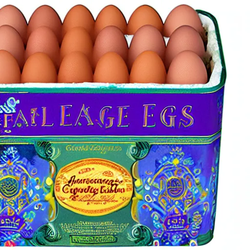 Prompt: a carton of opulent fabrege eggs