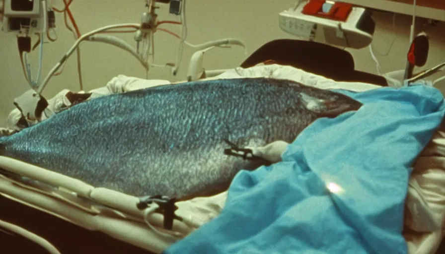 Image similar to 7 0 s movie still of a fish with human head in hospital, cinestill 8 0 0 t 3 5 mm technicolor, heavy grain, high quality, high detail