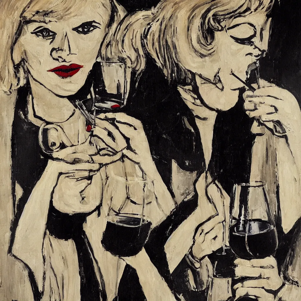 Prompt: blonde woman smoking a cigarette and holding a glass of red wine, painting by bernard buffet, very detailed, high contrast