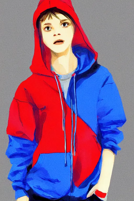 Image similar to a girl wearing a red and blue hoodie, artstation