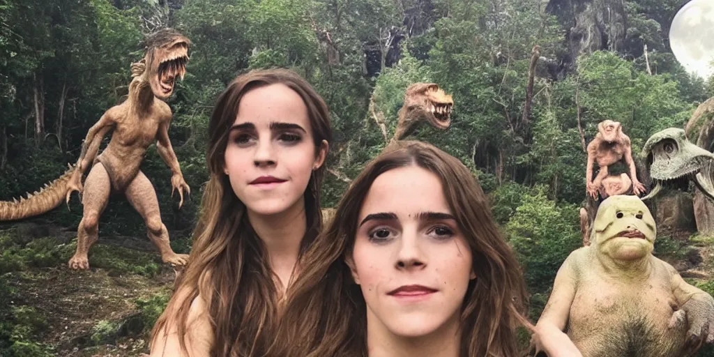 Image similar to photo, three hairy fat cave people, emma!! watson!!, looking at camera, surrounded by dinosaurs!, gigantic forest trees, sitting on rocks, bright moon, birthday cake on the ground, front close - up view of her face, selfie