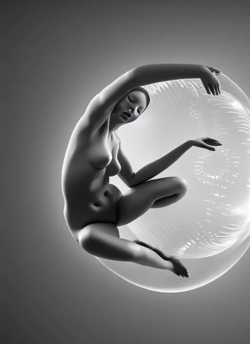 Prompt: black and white 3 d render of a young beautiful delicate ai giving birth to the new world in a bubble, inspired by michelangelo, spiritual, halo, glory, rim light, cinematic, studio dramatic light, poetic, surreal mythical dreamy dark artistic masterpiece, octane render, 8 k, photo
