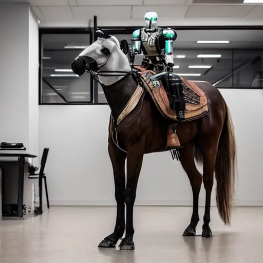 Prompt: a robot riding a horse in an office