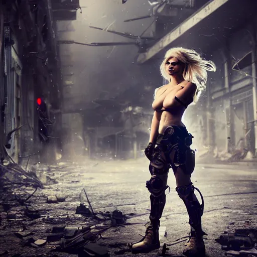 Image similar to beautiful blond cyborg girl in full battle gear in a destroyed city, moody lighting, 8 k, shallow depth of field, cinematic lighting,