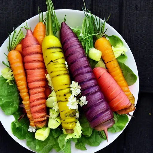 Image similar to a coleau salad with rainbow carrots