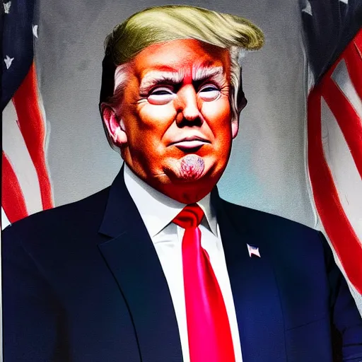 Prompt: NYTimes Official Donald Trump Presidential Portrait (2019) vandalized as someone painted a turd on his shoulder