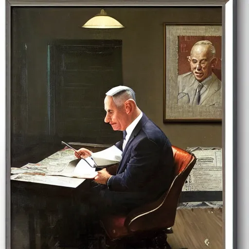 Image similar to painting of benjamin netanyahu sitting in a dark room answering fan mail, stressed expression, by norman rockwell