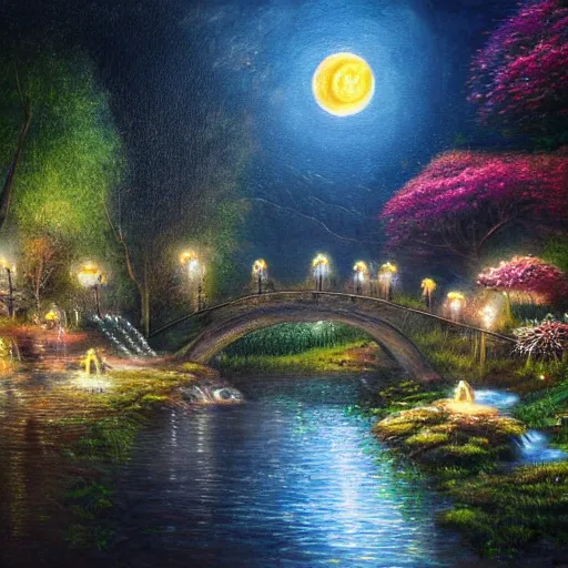 Image similar to realist painting, high detail, woodland village, in the night, fantasy, crescent moon, stone paths, bridge, water stream, luminous, toadstools, fireflies, fantasy,, flowers, waterfall, lanterns, mist, highly detailed painting, fine lines, 8 k realistic, sharp focus