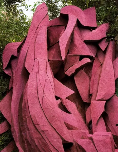 Image similar to vintage color photo of a giant 1 1 0 million years old abstract sculpture made of liquid pink gold covered by the jungle vines