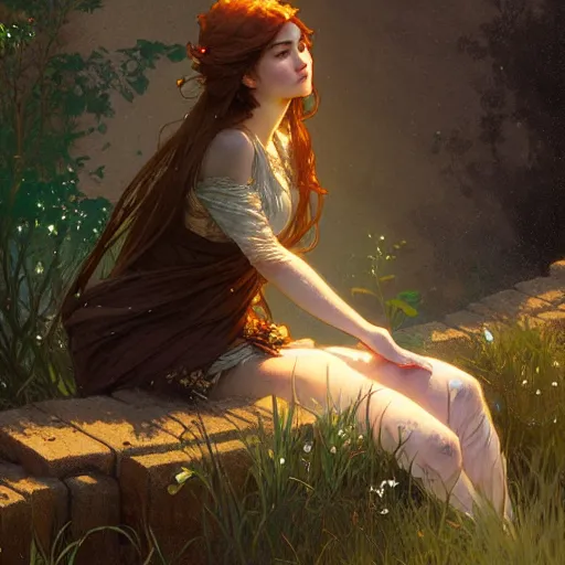 Prompt: A young woman sitting on a stone wall surrounded by water and glowing with light, intricate, delicate, elegant, highly detailed, digital painting, artstation, concept art, smooth, sharp focus, illustration, art by Krenz Cushart and Artem Demura and alphonse mucha