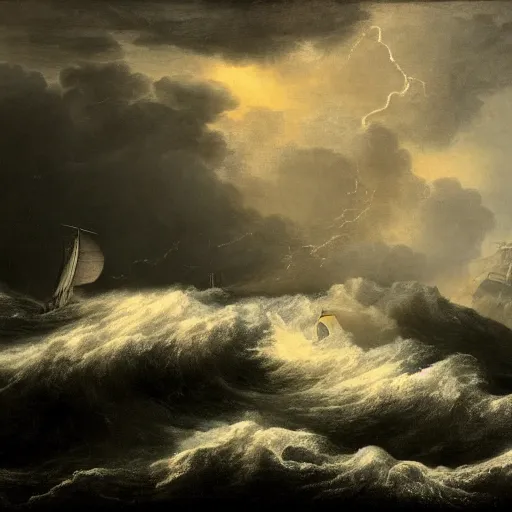 Prompt: 17th century man of war in a storm, turbulent waves, lightning in the background, black tint, Carl Friedrich