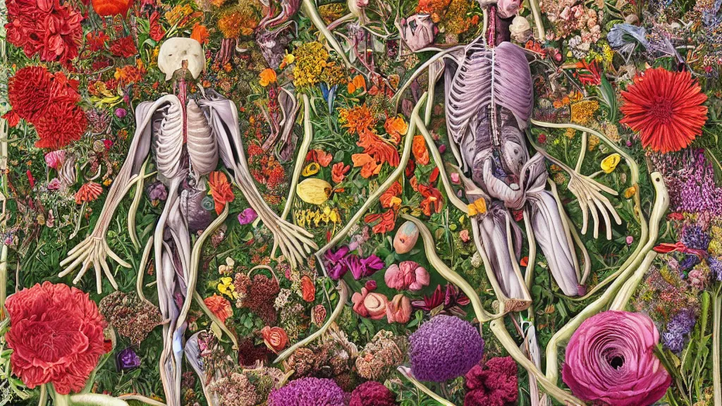 Image similar to highly detailed illustration of a human anatomy body exploded by all the known species of flowers by oliver vernon, by juan gatti