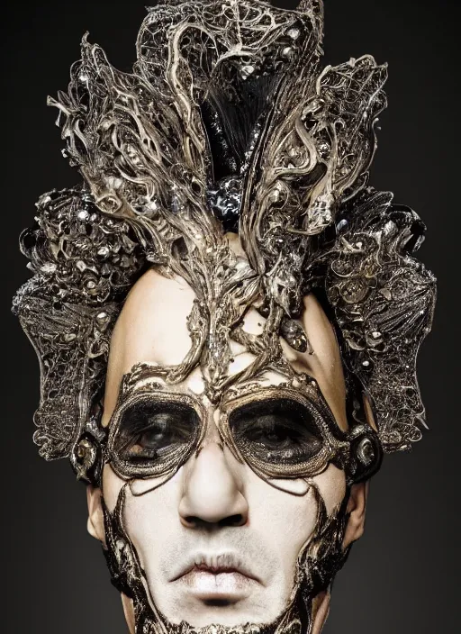 Prompt: a portrait of elvis by gilles berquet, serge lutens, iris van herpen, photorealistic, intricate details, hyper realistic, dark fantasy, rococo dark smoked glass headpiece, onyx, photorealistic, canon r 3, photography, symmetrical features, symmetrical pose, wide angle shot, head to toe, standing pose, feet on the ground,