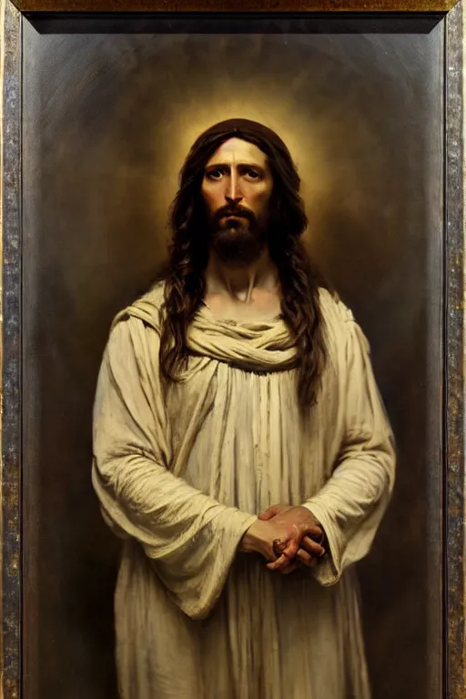 Image similar to photograph imax and solomon joseph solomon and richard schmid and jeremy lipking victorian loose genre loose painting full length portrait painting of jesus