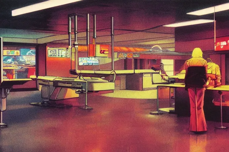 Image similar to 1 9 7 9 omni magazine cover depicting a surgical suite inside of a mcdonald's in neo - tokyo. in the style of bladerunner concept art by syd mead