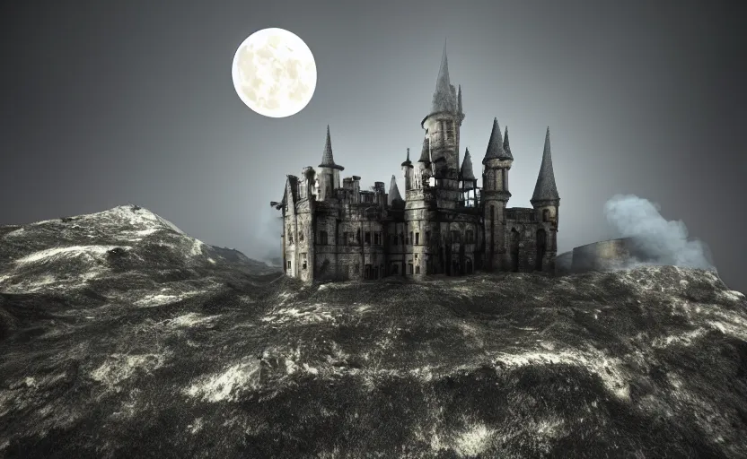 Image similar to a picture in high contrast of burning!!! gothic! castle in smoke on a hill, chaos, full moon in clouds, visual art, 8 k resolution, 3 d modelling, soft lighting