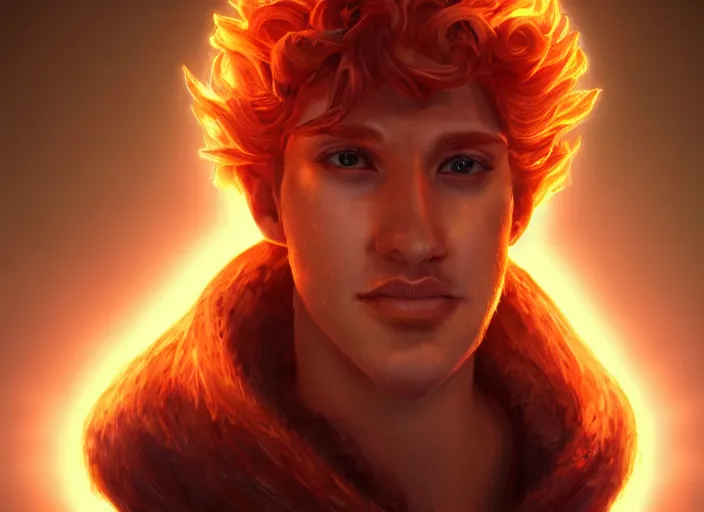 Prompt: glowwave portrait of curly orange haired man on a dark background from league of legends, au naturel, hyper detailed, digital art, trending in artstation, cinematic lighting, studio quality, smooth render, unreal engine 5 rendered, octane rendered, art style by pixar dreamworks warner bros disney riot games