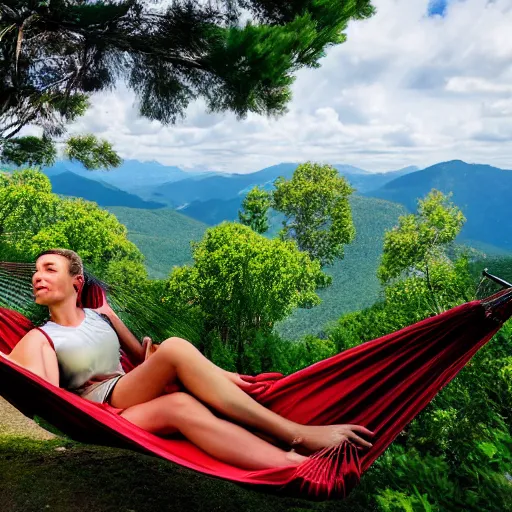 Image similar to relaxing in a hammock on top of a mountain, amazing views, award winning photography, highly detailed