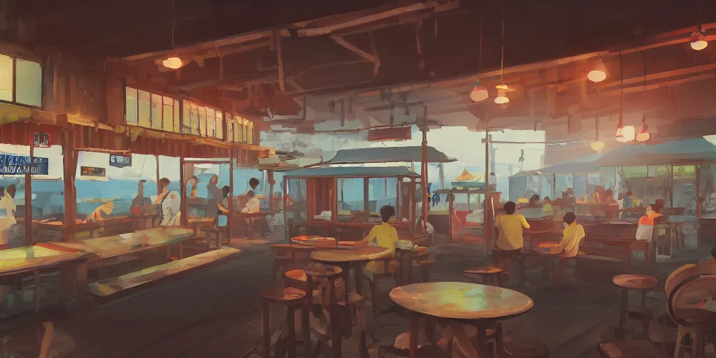 Prompt: interior of a kopitiam at pulau indah fishing village, near a jetty, early morning, detailed matte painting, low angle view, telephoto lens, bokeh, studio ghibli, artstation