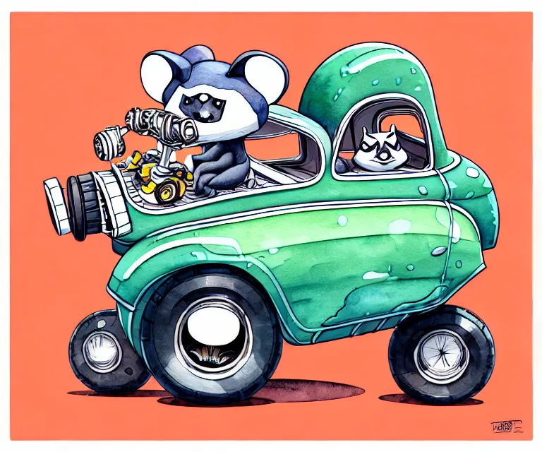 Image similar to cute and funny, racoon wearing a helmet riding in a tiny hot rod with oversized engine, ratfink style by ed roth, centered award winning watercolor pen illustration, isometric illustration by chihiro iwasaki, edited by range murata, tiny details by artgerm and watercolor girl, symmetrically isometrically centered