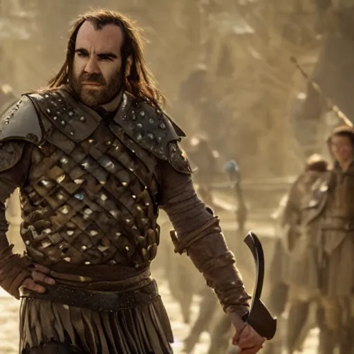 Prompt: Rory McCann as Logen Ninefingers, photo, wielding a sword and shield