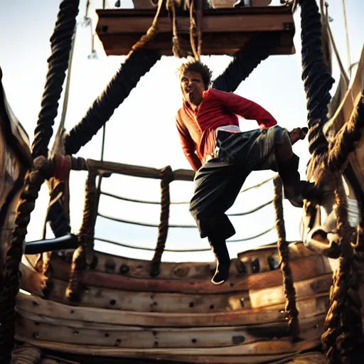 Image similar to a young man jumping on a pirate ship