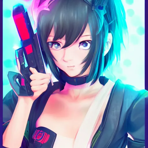 Prompt: poster art of anime girl with cyberpunk style outfit, cute face, pretty, Anime, posing with a gun by Valorant and Julia Yurtsev, Fierce expression 4k, 8k, HDR, Trending on artstation, Behance, Pinterest