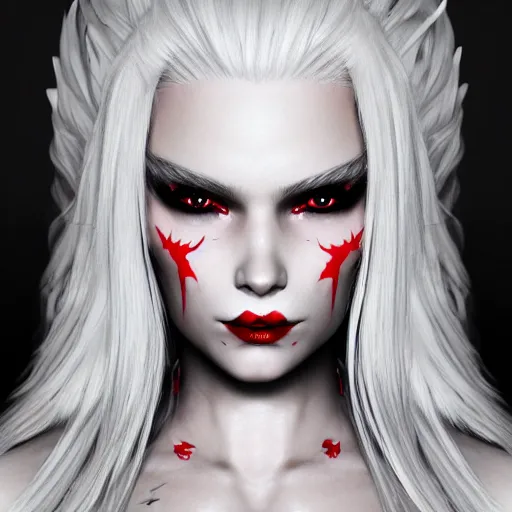 Image similar to a highly detailed portrait of a humanoid demon girl with white hair, red horns, in white clothes, artstation, deviantart, professional, unreal engine 5, photorealistic