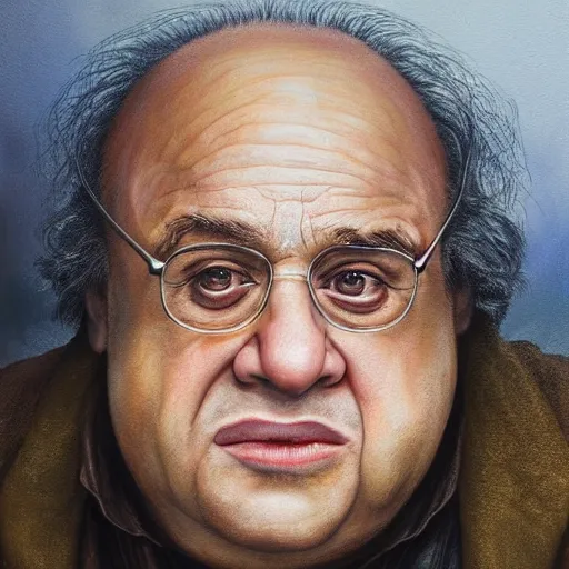 Image similar to hyperrealistic mixed media high resolution painting of Danny DeVito Lord of the Rings, stunning 3d render inspired art by Jamie Salmon and István Sándorfi and Unreal Engine and Greg Rutkowski, perfect facial symmetry, dim volumetric lighting, 8k octane beautifully detailed render, full body shot, post-processing, extremely hyper-detailed, intricate, epic composition, highly detailed attributes, highly detailed atmosphere, cinematic lighting, masterpiece, trending on artstation, very very detailed, masterpiece, stunning, flawless completion, lifelike texture, perfection,