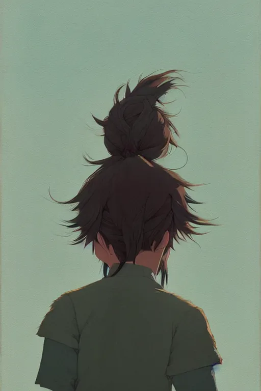 Image similar to a colorful portrait of a long bearded student rear view, morning, by studio ghibli painting, superior quality, masterpiece, traditional Japanese colors, by Grzegorz Rutkowski, concept art