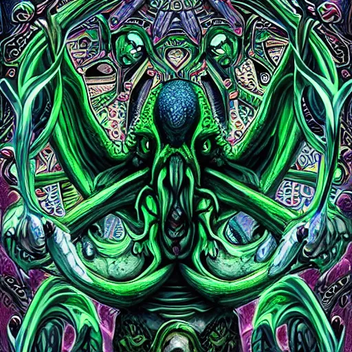 Image similar to 4 k colored headshot of godlike cthulhu with defined arms and open hands and bloody clothes with giant mandala wings, intricate face, flawless anime cel animation by kentaro miura, psychedelic, highly detailed upper body, professionally post - processed, beautiful, scary, symmetry accurate features, epic, octane rendered, anime masterpiece, accurate