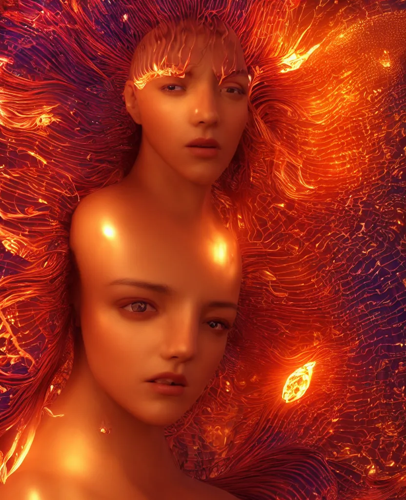 Image similar to close-up macro portrait of the face of a beautiful princess, epic angle and pose, symmetrical artwork, 3d with depth of field, blurred background, cybernetic jellyfish female face skull phoenix bird, translucent, nautilus, energy flows of water and fire. a highly detailed epic cinematic concept art CG render. made in Maya, Blender and Photoshop, octane render, excellent composition, cinematic dystopian brutalist atmosphere, dynamic dramatic cinematic lighting, aesthetic, very inspirational, arthouse. y Greg Rutkowski, Ilya Kuvshinov, WLOP, Stanley Artgerm Lau, Ruan Jia and Fenghua Zhong