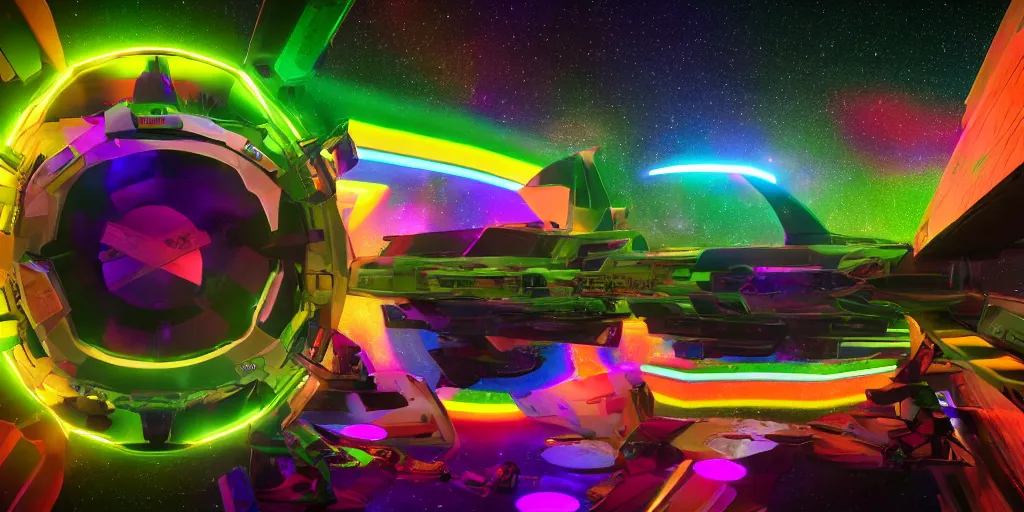 Prompt: spaceship, rainbow, star, lollipop, universe, dramatic lighting, glowing green hologram navigatuin paneis,, cinematic lighting, highly detailed, ultra realistic, 4K, octane 3D render