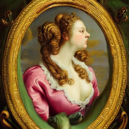 Prompt: baroque style painting, rococo of a crocodile, beautiful portrait, super detailed, super colorful